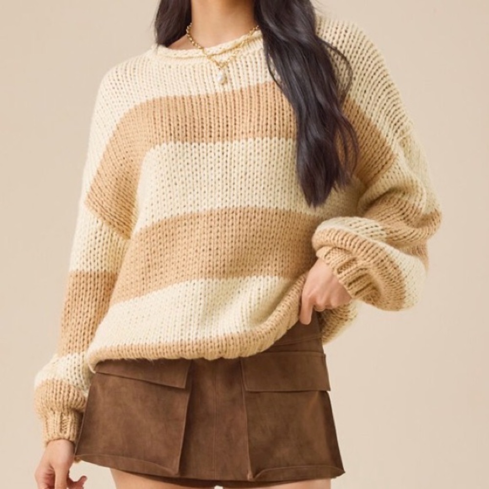 Altar’d State Striped Knit Sweater - Cream and Tan